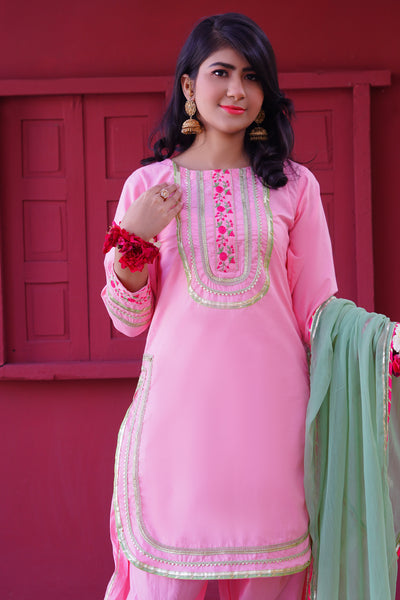 3 piece Baby Pink Embroidered Cotton Tulip Suit with Pistachio Green Chiffon Dupatta & Laces.(Stitch)