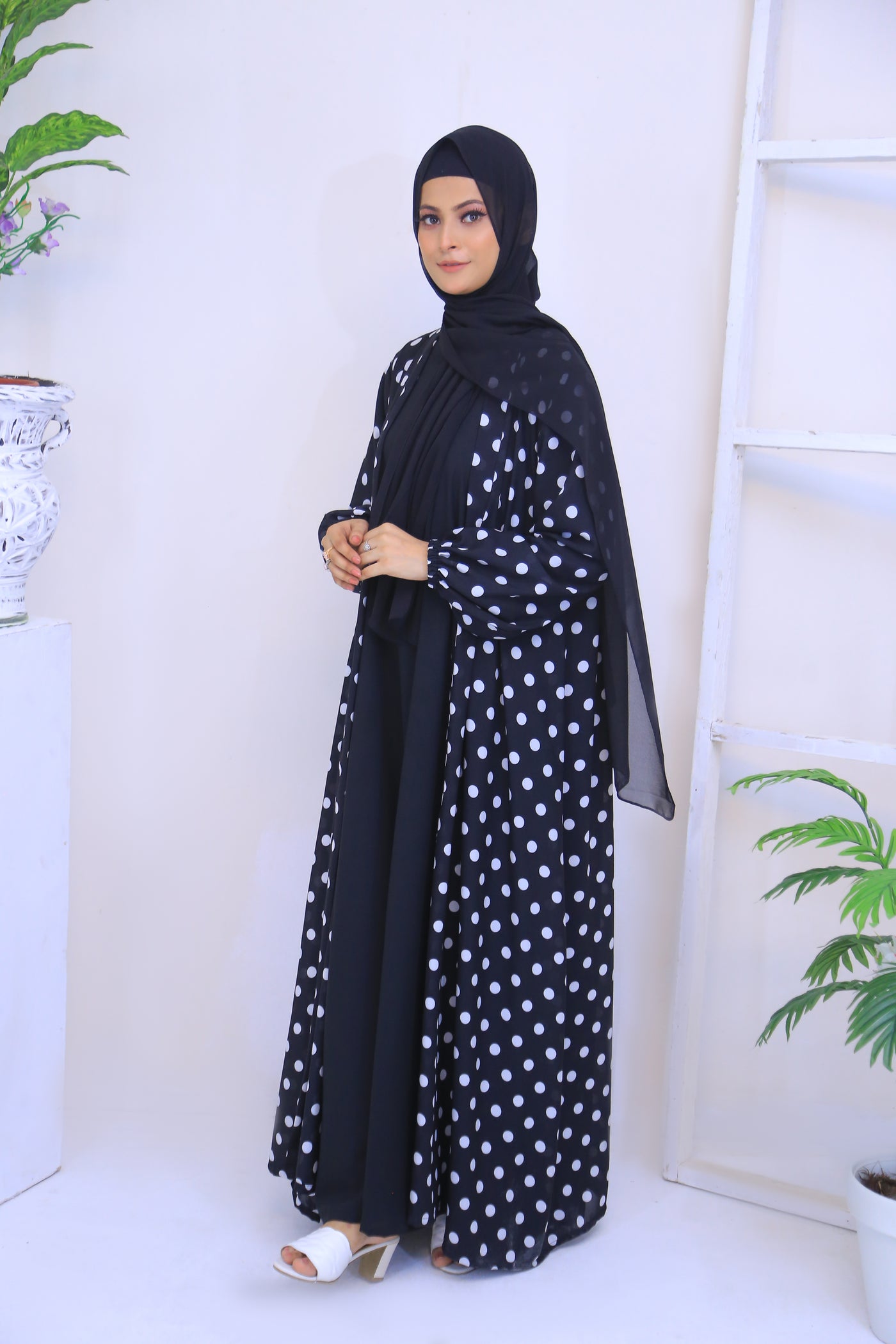 Printed  Black Chiffon Polkadot Kimono Abaya.(Stitch)