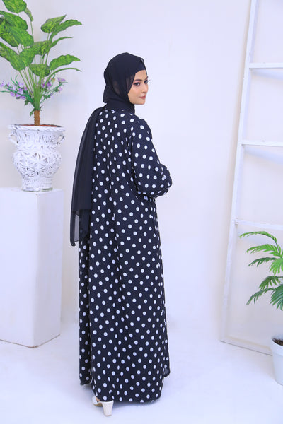 Printed  Black Chiffon Polkadot Kimono Abaya.(Stitch)