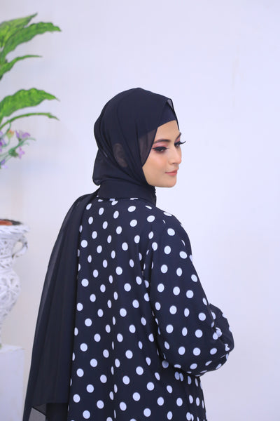 Printed  Black Chiffon Polkadot Kimono Abaya.(Stitch)