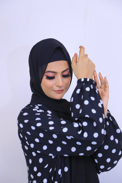 Printed  Black Chiffon Polkadot Kimono Abaya.(Stitch)