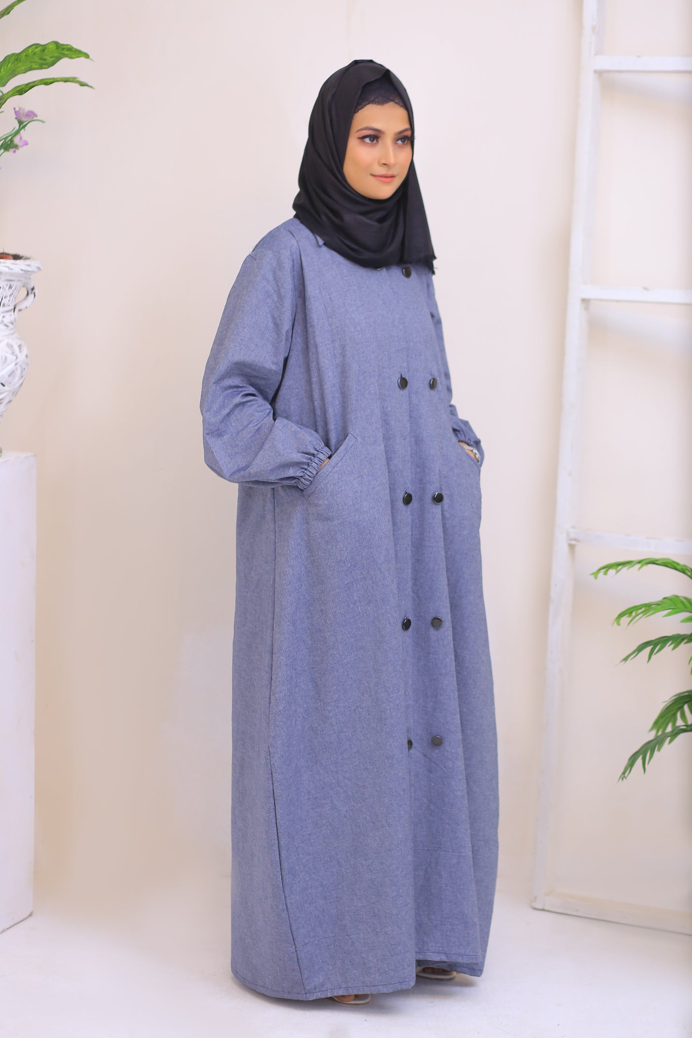 Grey Denim Long Coat Abaya.(Stitch)