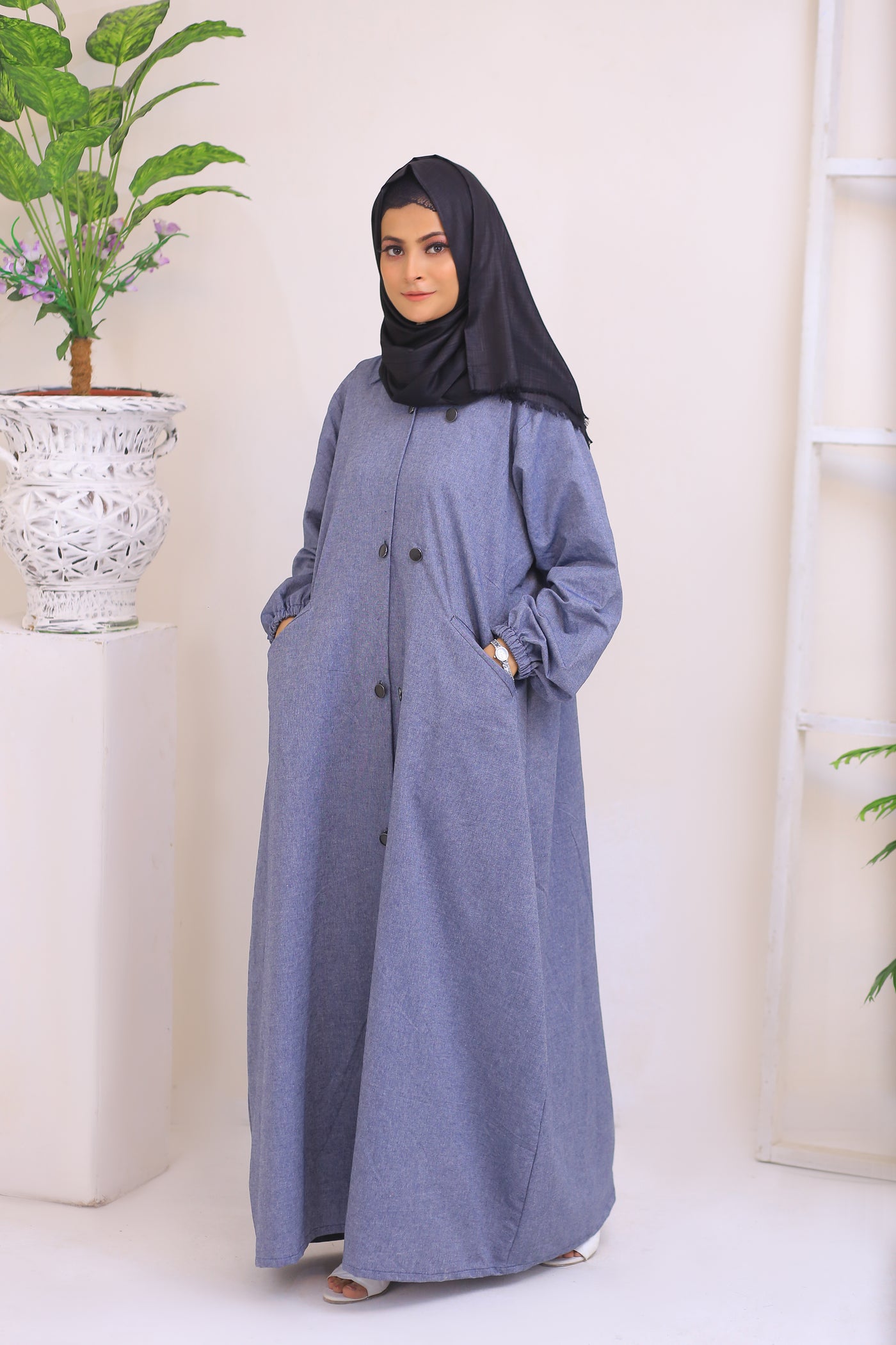 Grey Denim Long Coat Abaya.(Stitch)