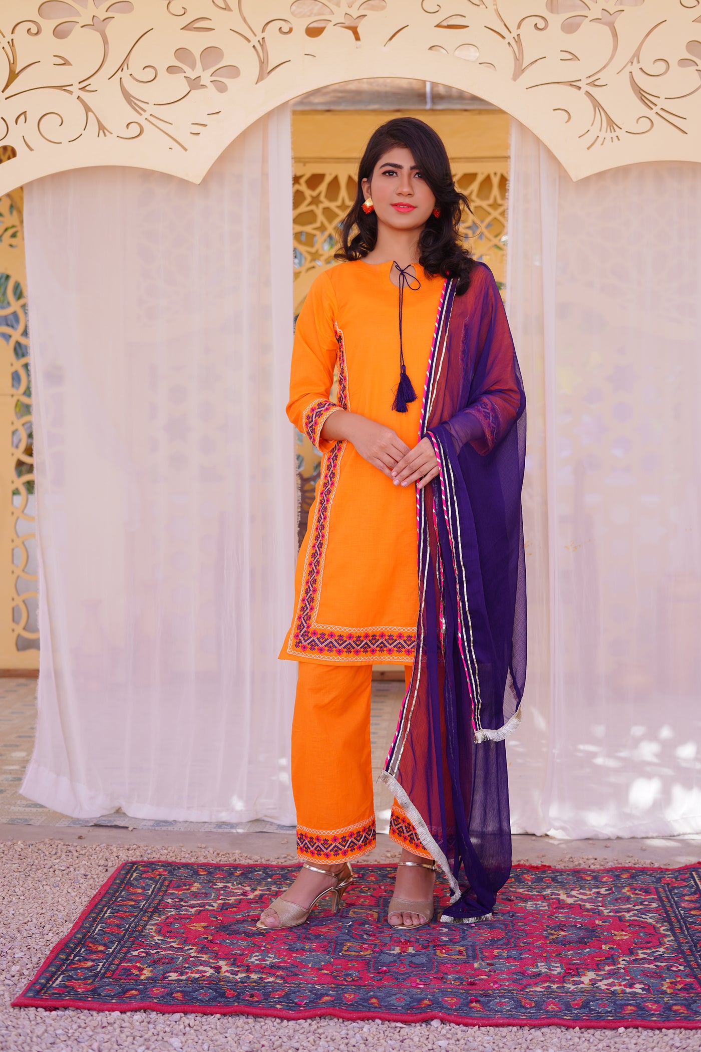 3 piece Orange Embroidered Cotton Palazzo Suit with Navy Blue Chiffon Dupatta & Laces.(Stitch)