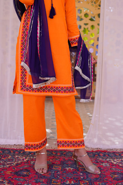3 piece Orange Embroidered Cotton Palazzo Suit with Navy Blue Chiffon Dupatta & Laces.(Stitch)