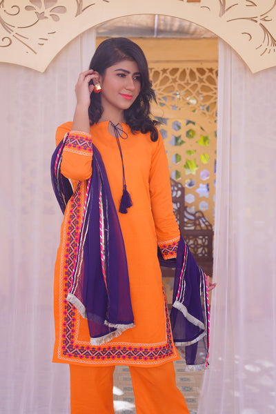3 piece Orange Embroidered Cotton Palazzo Suit with Navy Blue Chiffon Dupatta & Laces.(Stitch)