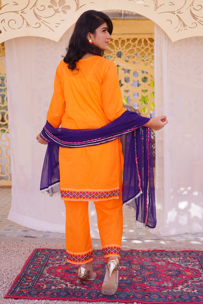 3 piece Orange Embroidered Cotton Palazzo Suit with Navy Blue Chiffon Dupatta & Laces.(Stitch)