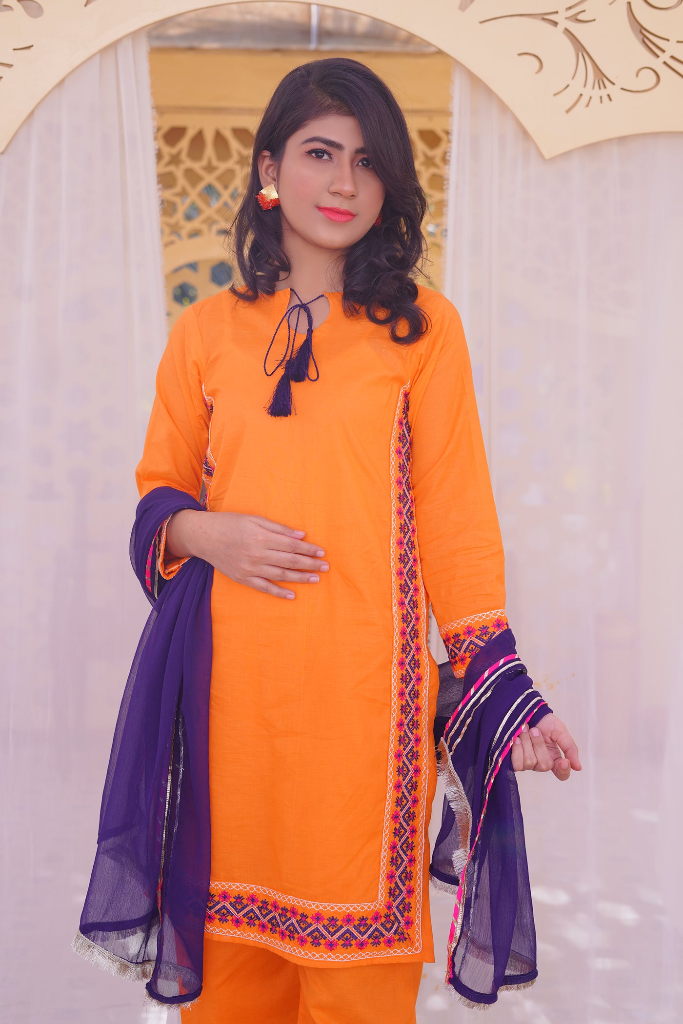 3 piece Orange Embroidered Cotton Palazzo Suit with Navy Blue Chiffon Dupatta & Laces.(Stitch)