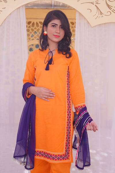 3 piece Orange Embroidered Cotton Palazzo Suit with Navy Blue Chiffon Dupatta & Laces.(Stitch)