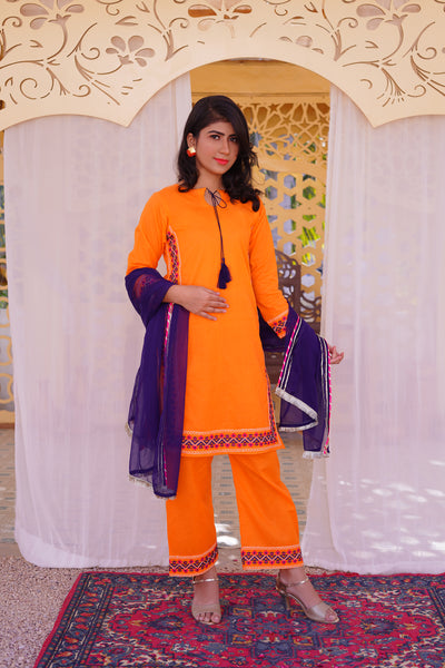 3 piece Orange Embroidered Cotton Palazzo Suit with Navy Blue Chiffon Dupatta & Laces.(Stitch)