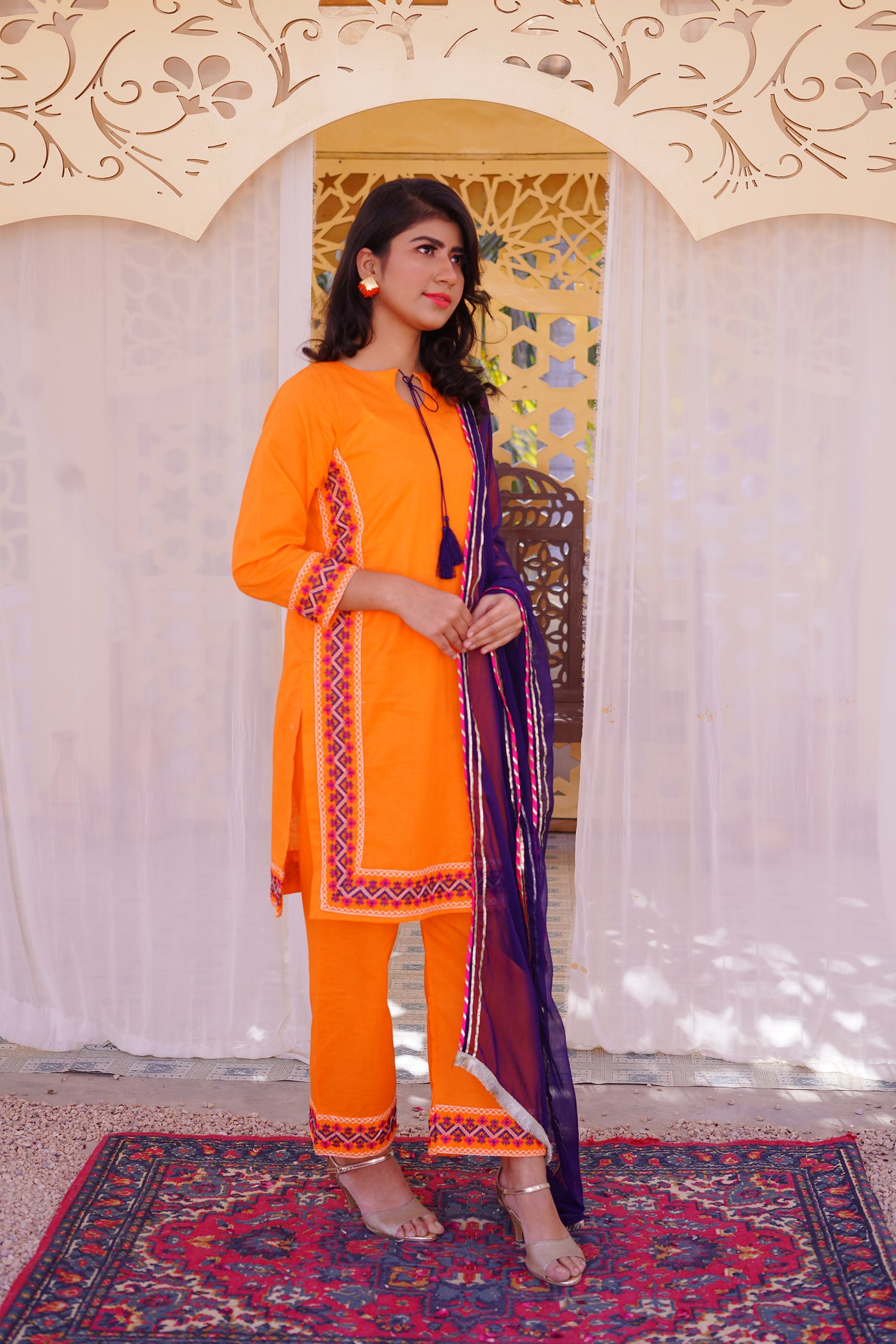 3 piece Orange Embroidered Cotton Palazzo Suit with Navy Blue Chiffon Dupatta & Laces.(Stitch)