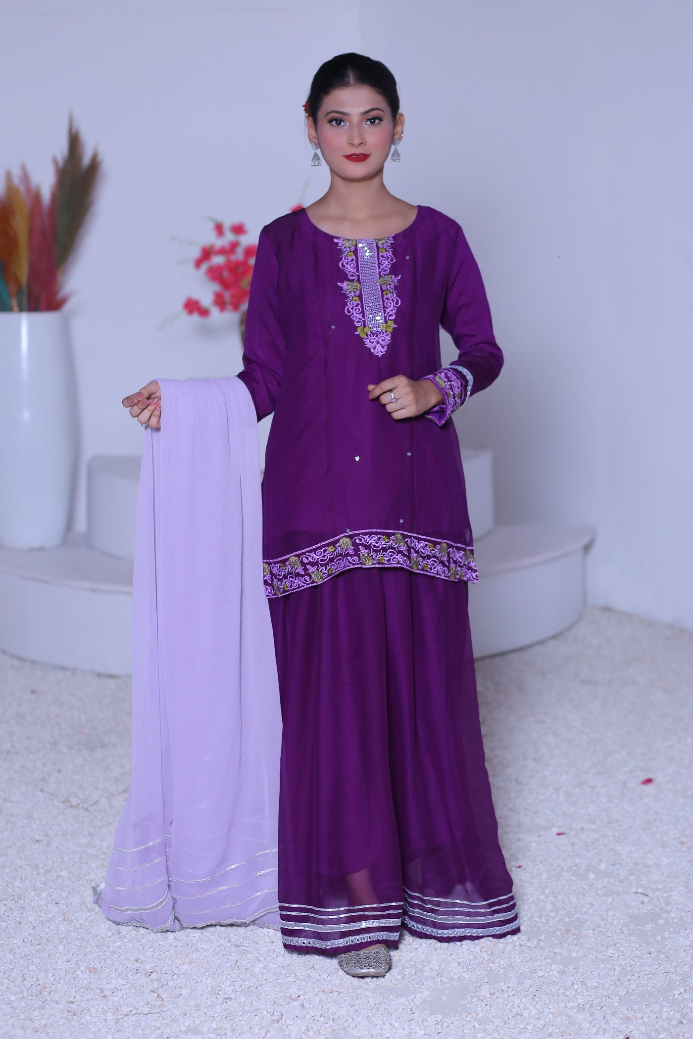 3 piece Purple Chiffon Embroidered Lehenga Suit with Light Purple Chiffon Dupatta & Silver Laces.(Stitch)