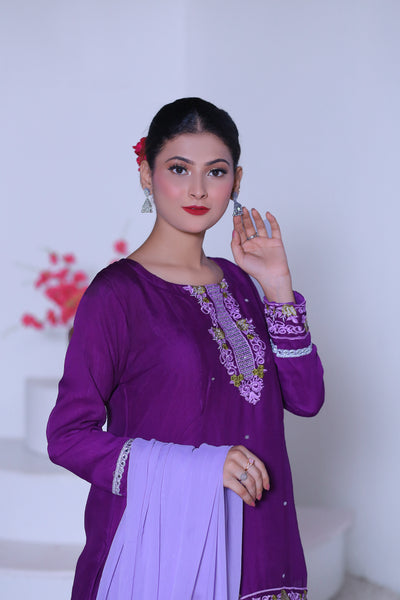 3 piece Purple Chiffon Embroidered Lehenga Suit with Light Purple Chiffon Dupatta & Silver Laces.(Stitch)