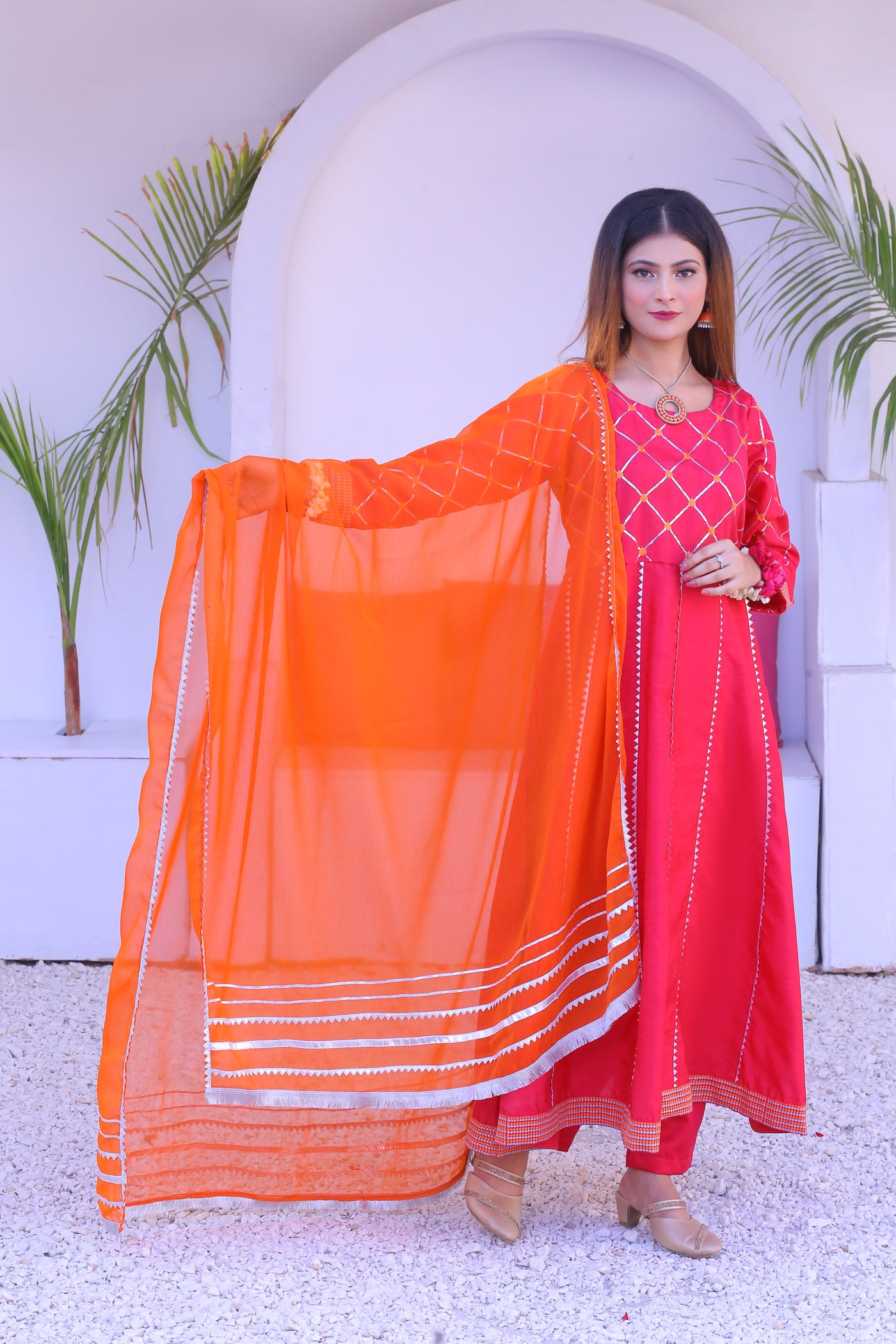 3 piece Shocking Pink Raw Silk Frock Suit with Dull Silk Trouser & Orange Chiffon Dupatta & Silver Laces.(Stitch)