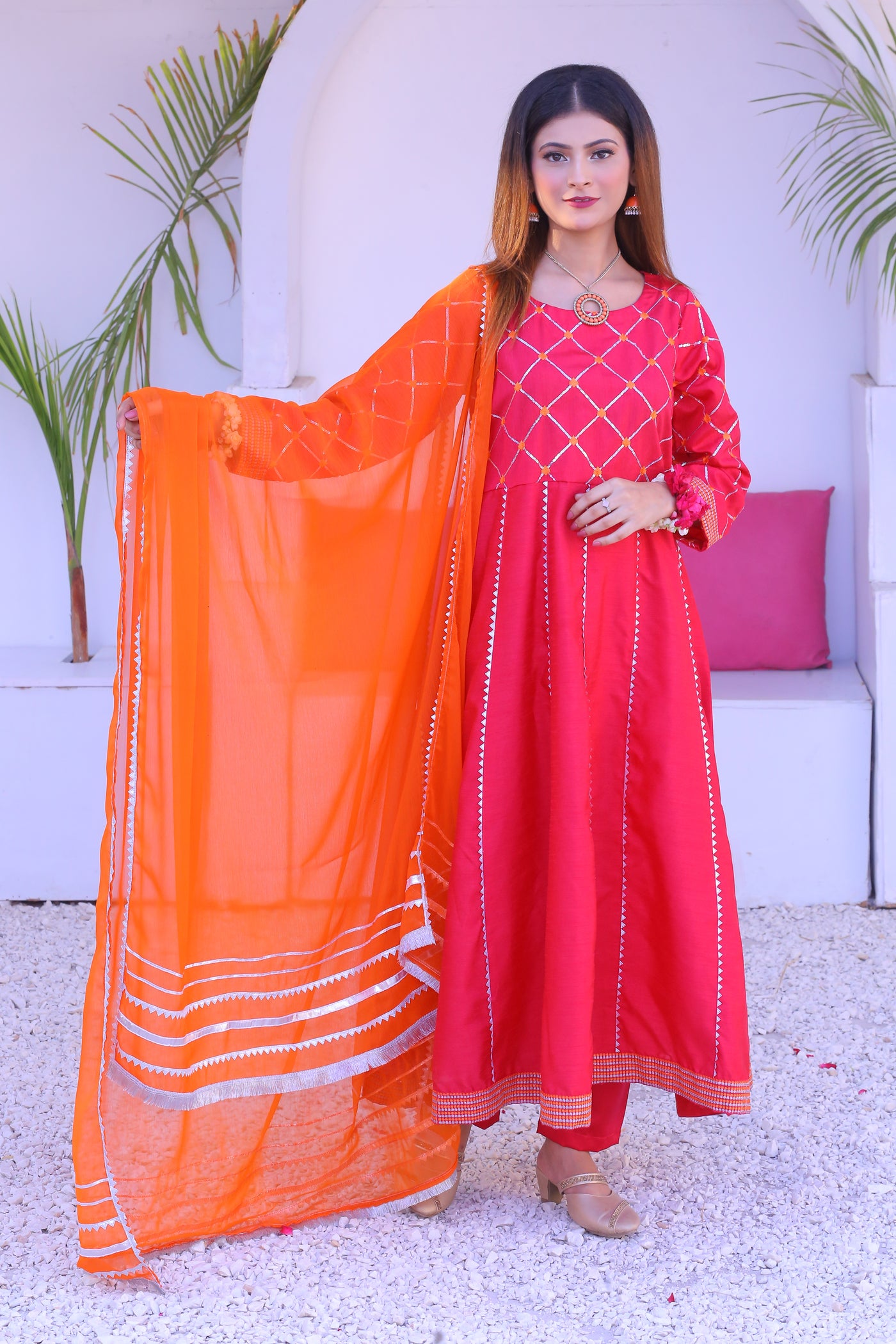 3 piece Shocking Pink Raw Silk Frock Suit with Dull Silk Trouser & Orange Chiffon Dupatta & Silver Laces.(Stitch)