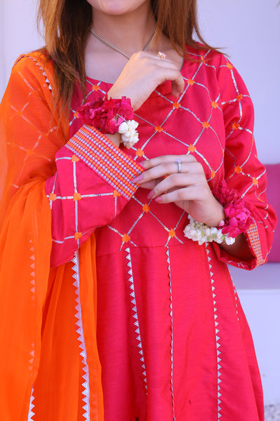 3 piece Shocking Pink Raw Silk Frock Suit with Dull Silk Trouser & Orange Chiffon Dupatta & Silver Laces.(Stitch)