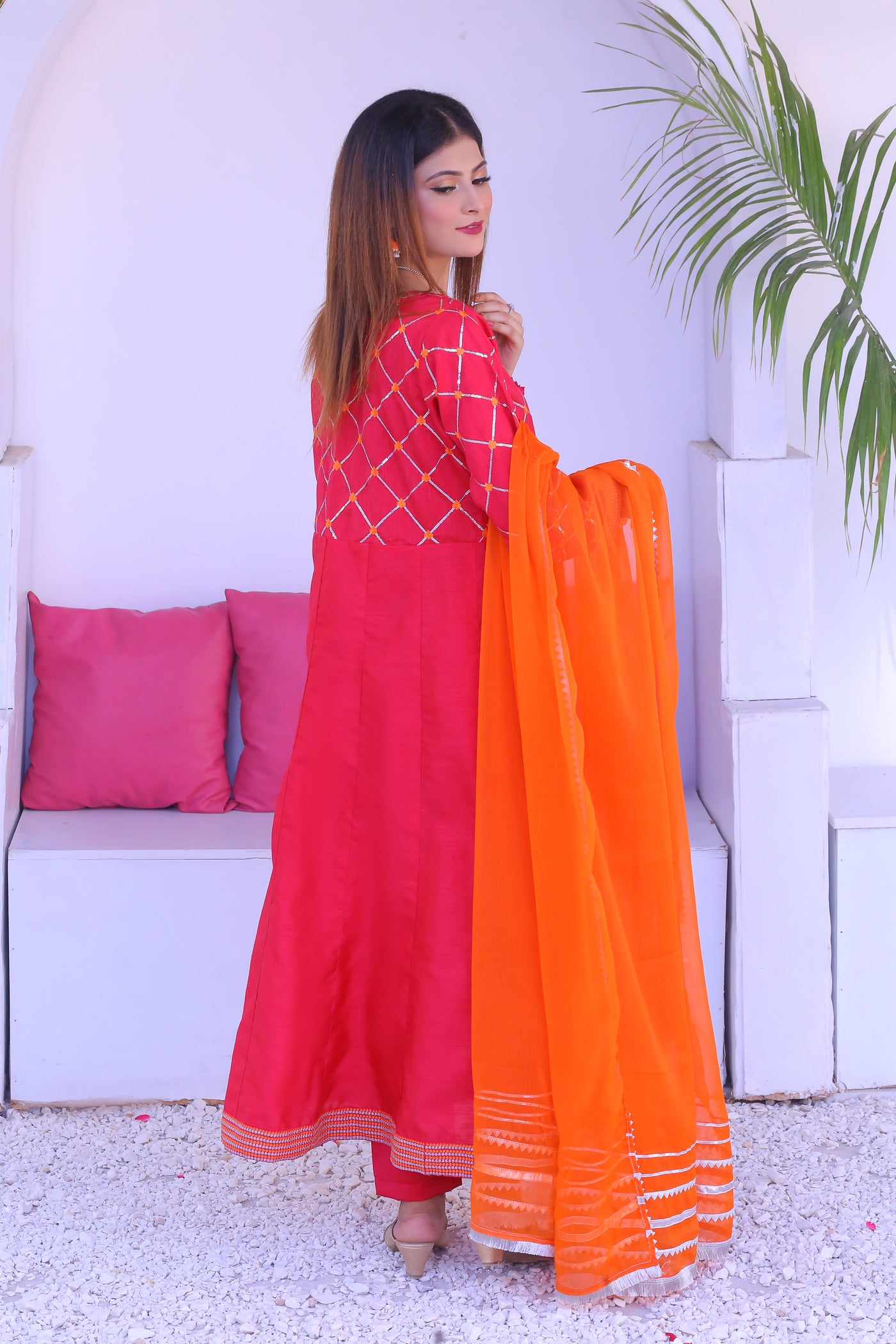 3 piece Shocking Pink Raw Silk Frock Suit with Dull Silk Trouser & Orange Chiffon Dupatta & Silver Laces.(Stitch)