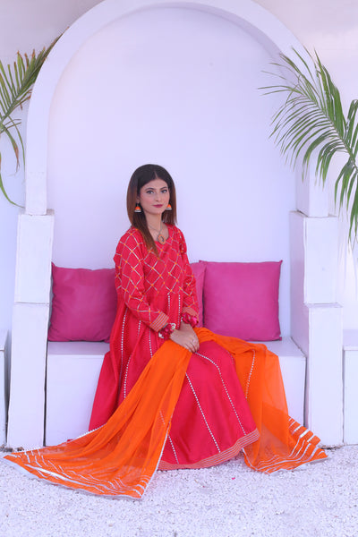 3 piece Shocking Pink Raw Silk Frock Suit with Dull Silk Trouser & Orange Chiffon Dupatta & Silver Laces.(Stitch)