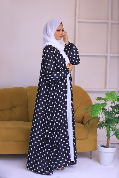 Printed  Black  & White Chiffon Polkadot Kimono Abaya.(Stitch)