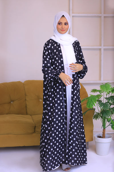 Printed  Black  & White Chiffon Polkadot Kimono Abaya.(Stitch)