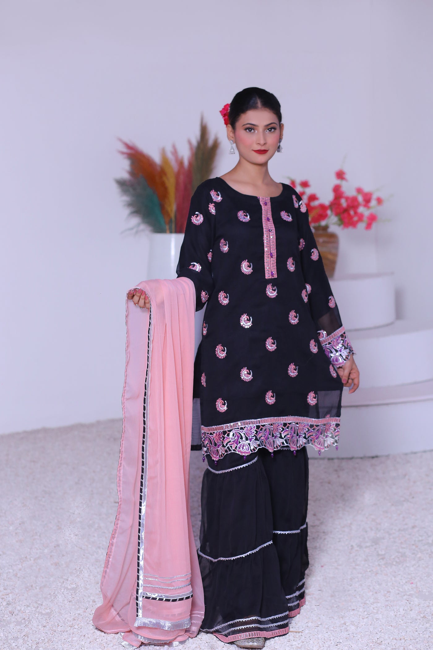 3 piece Black Embroidered Chiffon Gharara Suit with Baby Pink Chiffon Dupatta & Silver Laces.(Stitch)