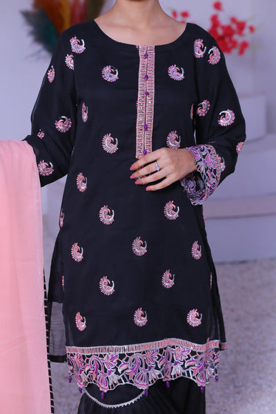 3 piece Black Embroidered Chiffon Gharara Suit with Baby Pink Chiffon Dupatta & Silver Laces.(Stitch)