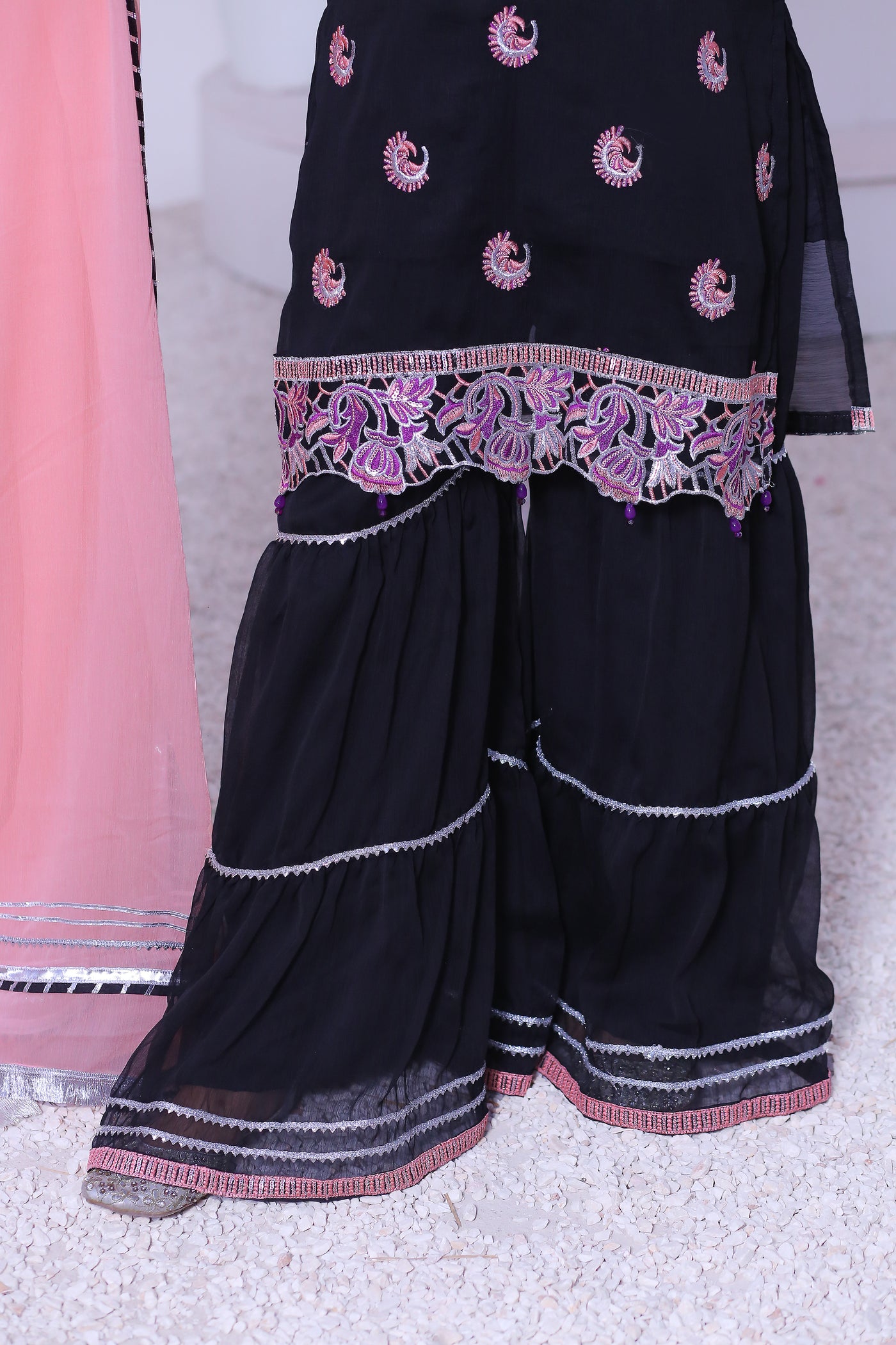 3 piece Black Embroidered Chiffon Gharara Suit with Baby Pink Chiffon Dupatta & Silver Laces.(Stitch)