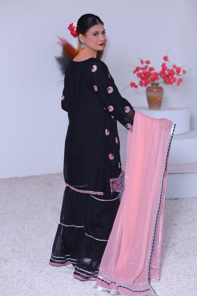 3 piece Black Embroidered Chiffon Gharara Suit with Baby Pink Chiffon Dupatta & Silver Laces.(Stitch)