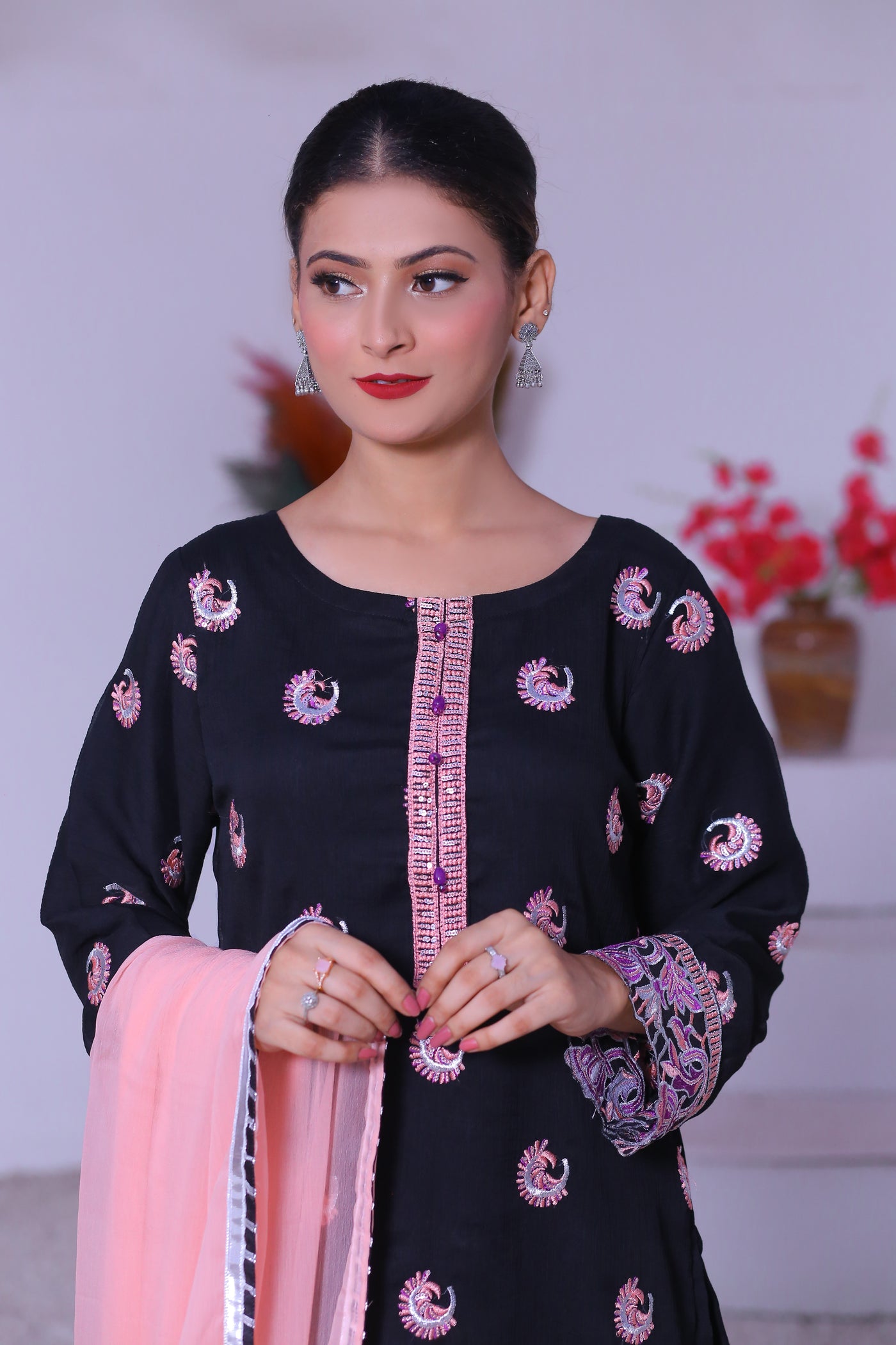 3 piece Black Embroidered Chiffon Gharara Suit with Baby Pink Chiffon Dupatta & Silver Laces.(Stitch)