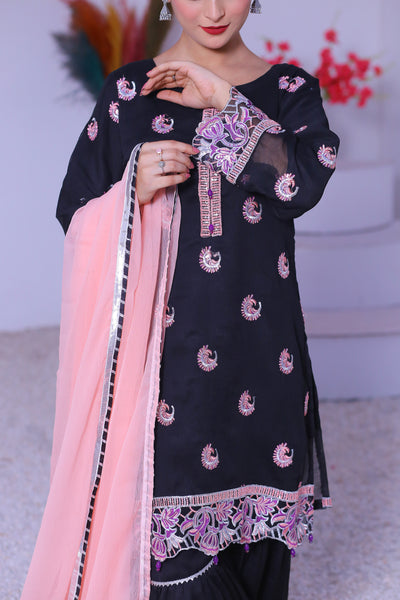 3 piece Black Embroidered Chiffon Gharara Suit with Baby Pink Chiffon Dupatta & Silver Laces.(Stitch)