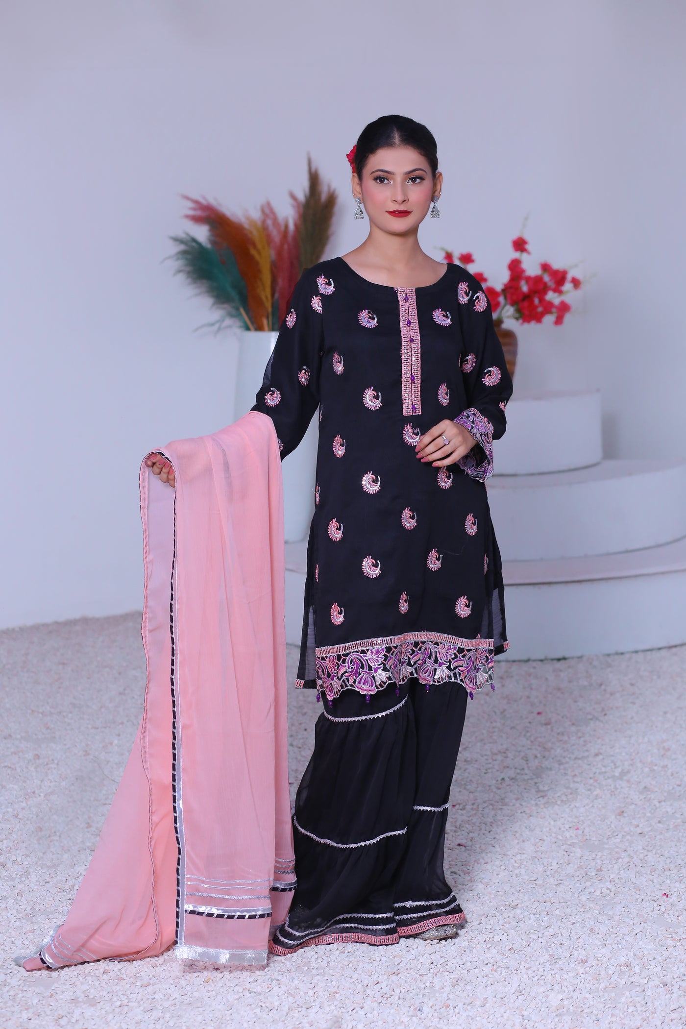 3 piece Black Embroidered Chiffon Gharara Suit with Baby Pink Chiffon Dupatta & Silver Laces.(Stitch)