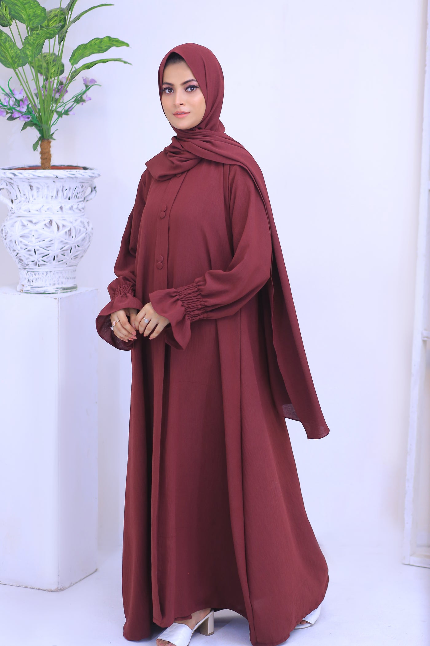 Maroon CEY Fabric Abaya.(Stitch)