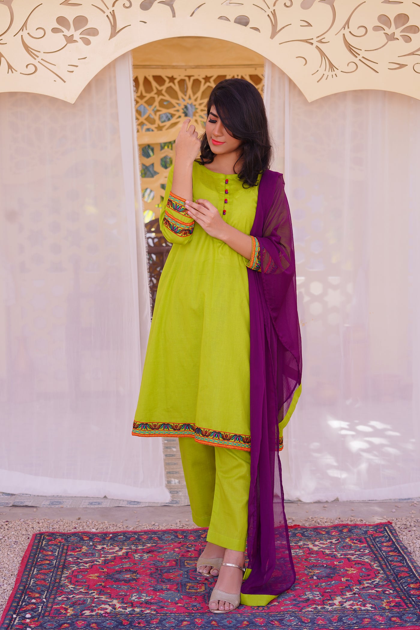3 piece Dhani(Green) Embroidered Cotton Airline Frock Suit with Purple Chiffon Dupatta & Laces.(Stitch)