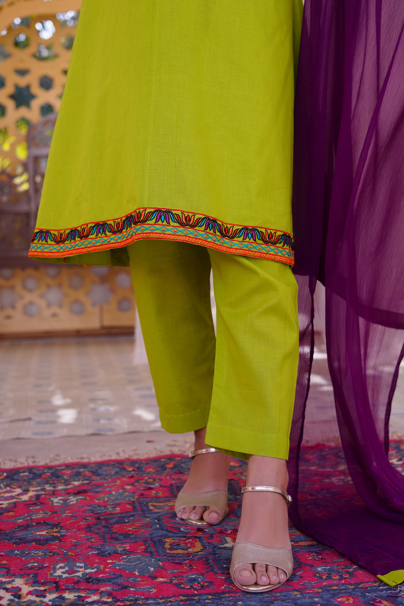 3 piece Dhani(Green) Embroidered Cotton Airline Frock Suit with Purple Chiffon Dupatta & Laces.(Stitch)
