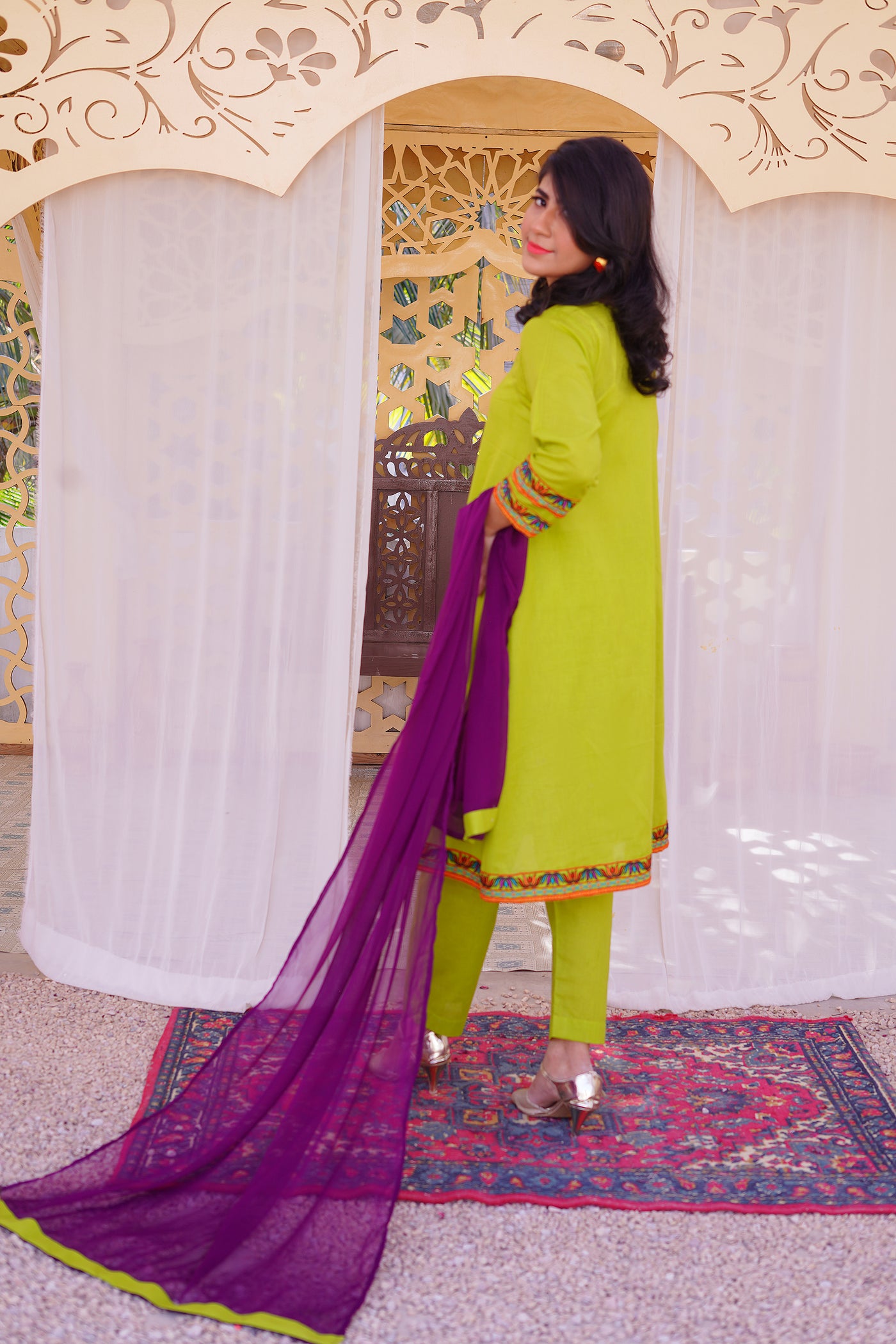 3 piece Dhani(Green) Embroidered Cotton Airline Frock Suit with Purple Chiffon Dupatta & Laces.(Stitch)