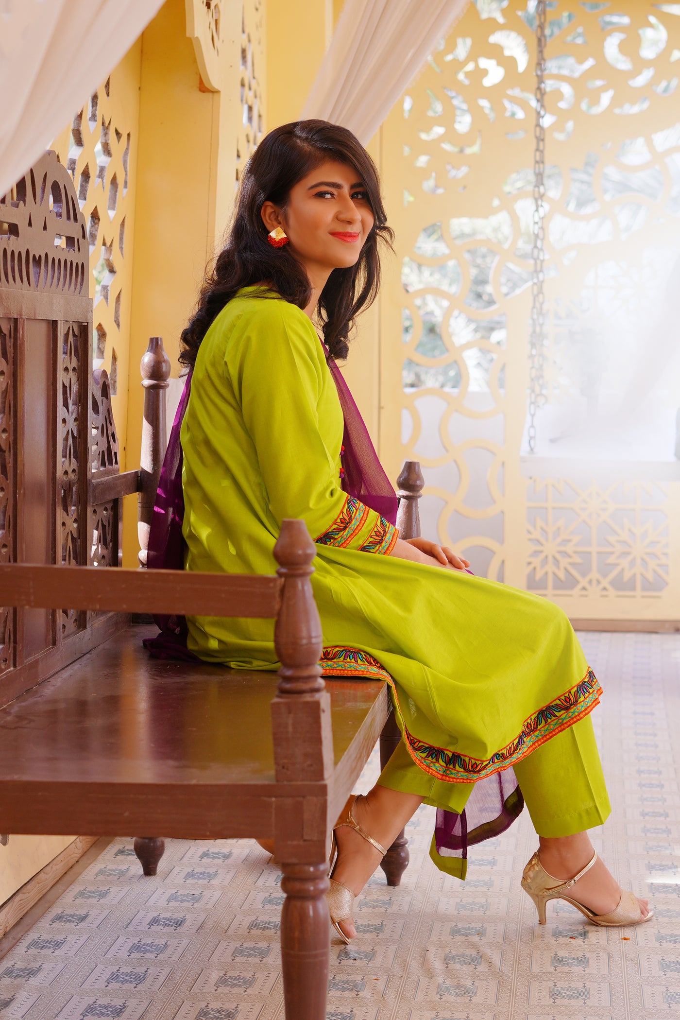 3 piece Dhani(Green) Embroidered Cotton Airline Frock Suit with Purple Chiffon Dupatta & Laces.(Stitch)