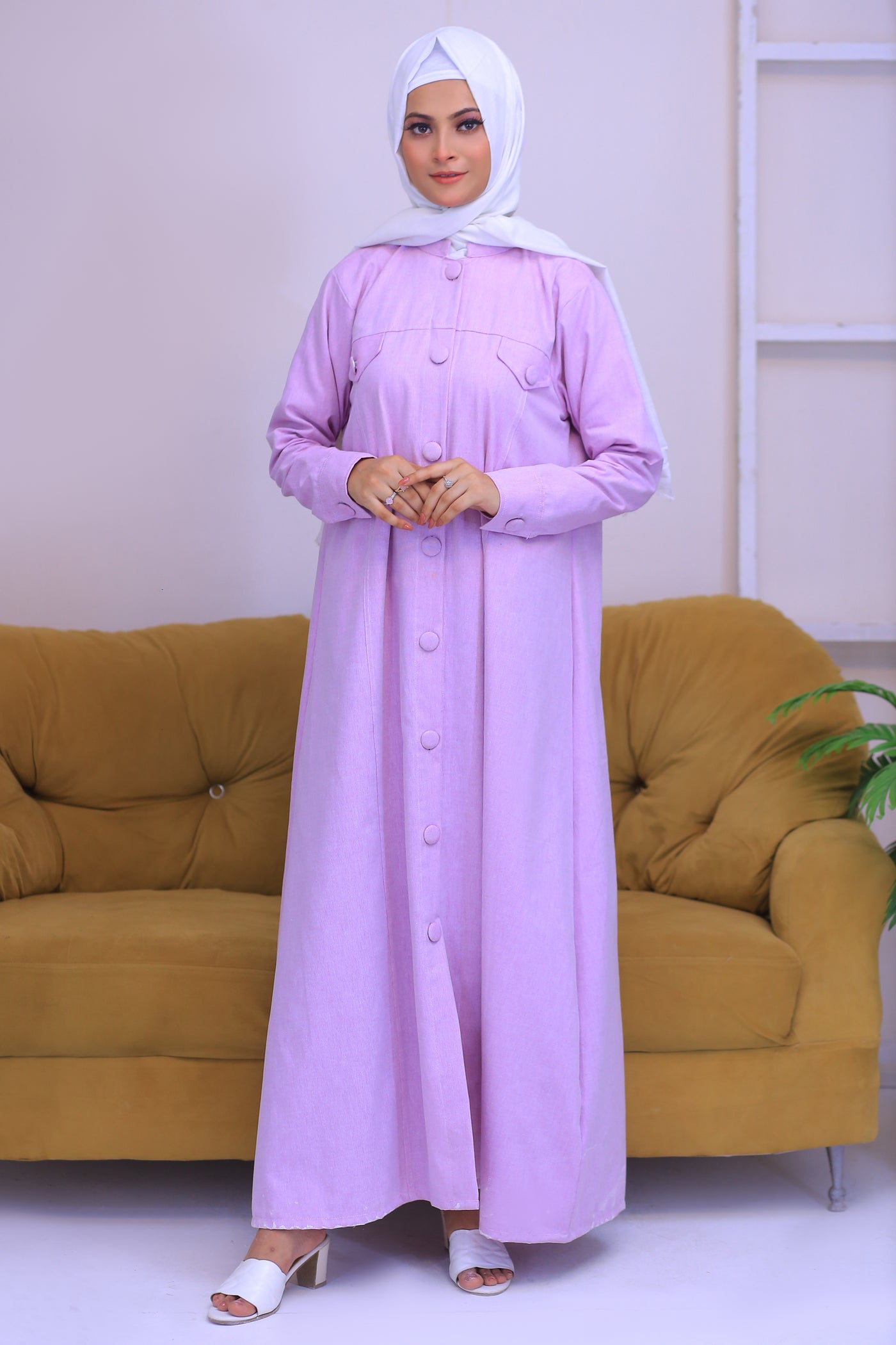 Light Purple Denim Long Coat Abaya.(Stitch)