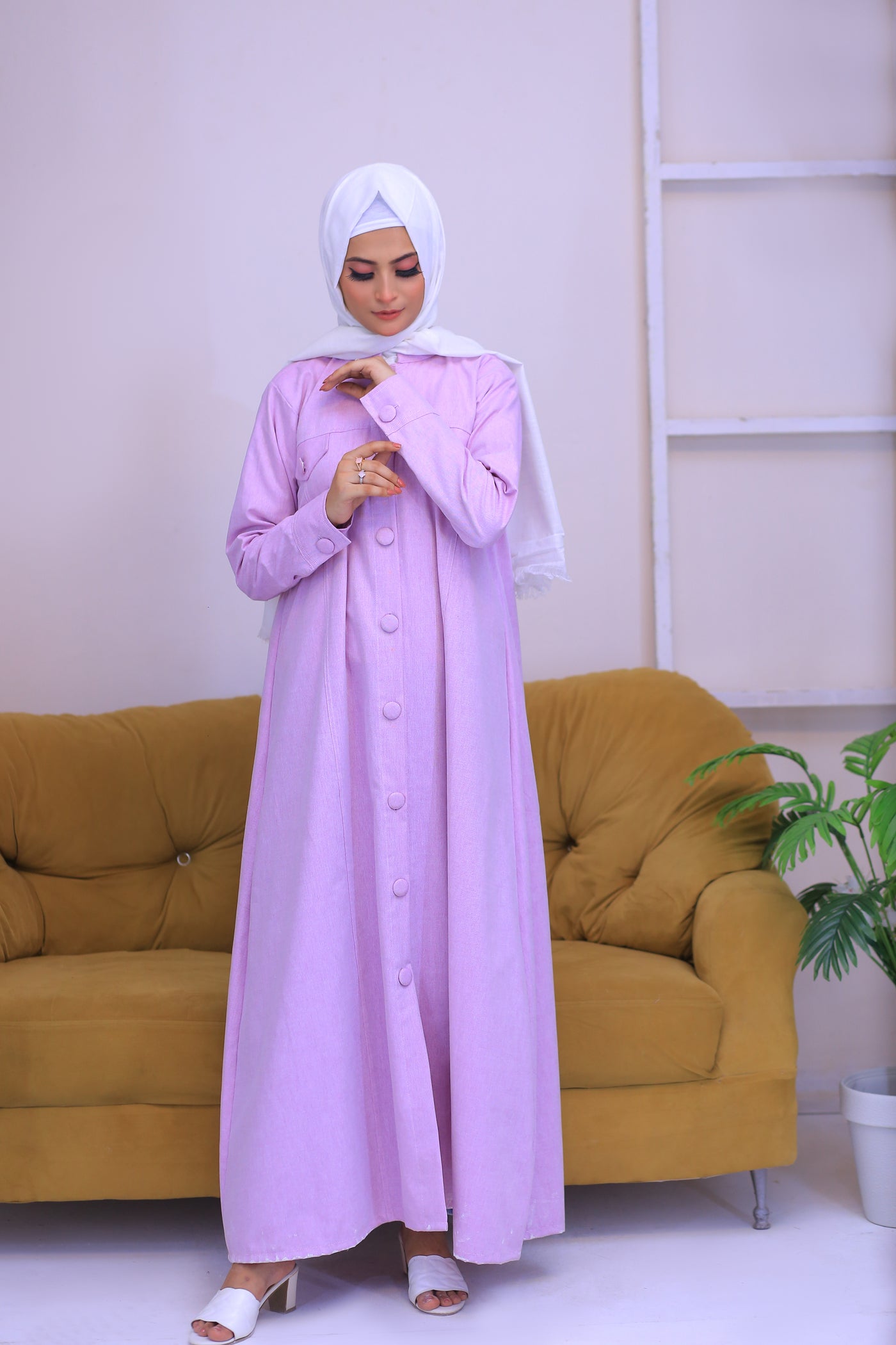 Light Purple Denim Long Coat Abaya.(Stitch)