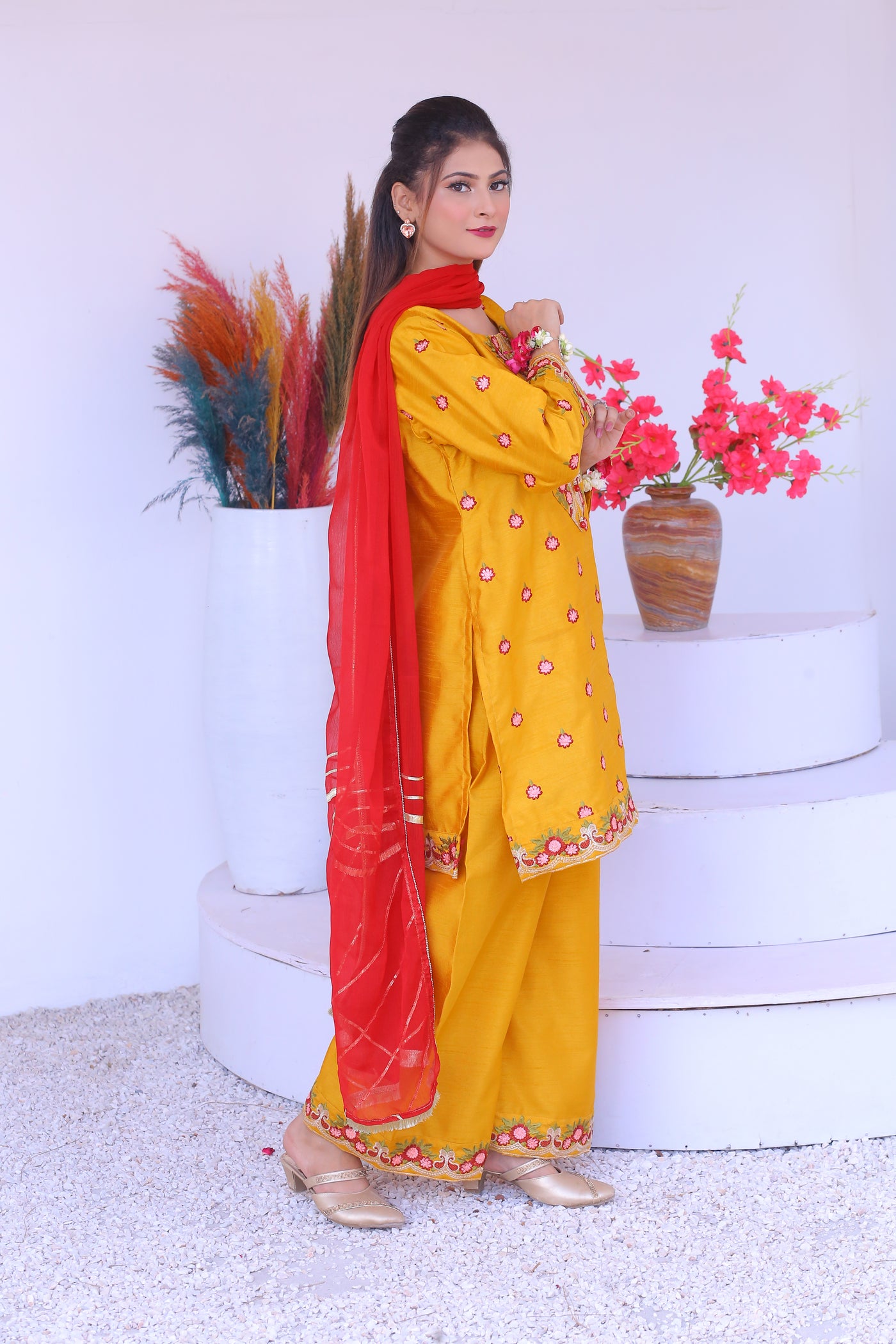 3 piece Mustered Raw Silk Embroidered Plazo Suit with Reddish Maroon Chiffon Dupatta.(Stitch)