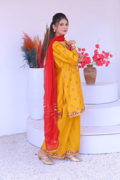 3 piece Mustered Raw Silk Embroidered Plazo Suit with Reddish Maroon Chiffon Dupatta.(Stitch)