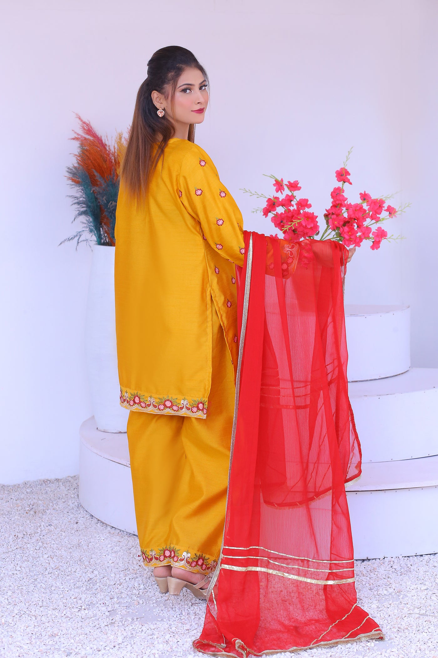 3 piece Mustered Raw Silk Embroidered Plazo Suit with Reddish Maroon Chiffon Dupatta.(Stitch)