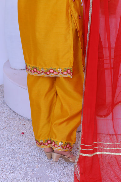 3 piece Mustered Raw Silk Embroidered Plazo Suit with Reddish Maroon Chiffon Dupatta.(Stitch)