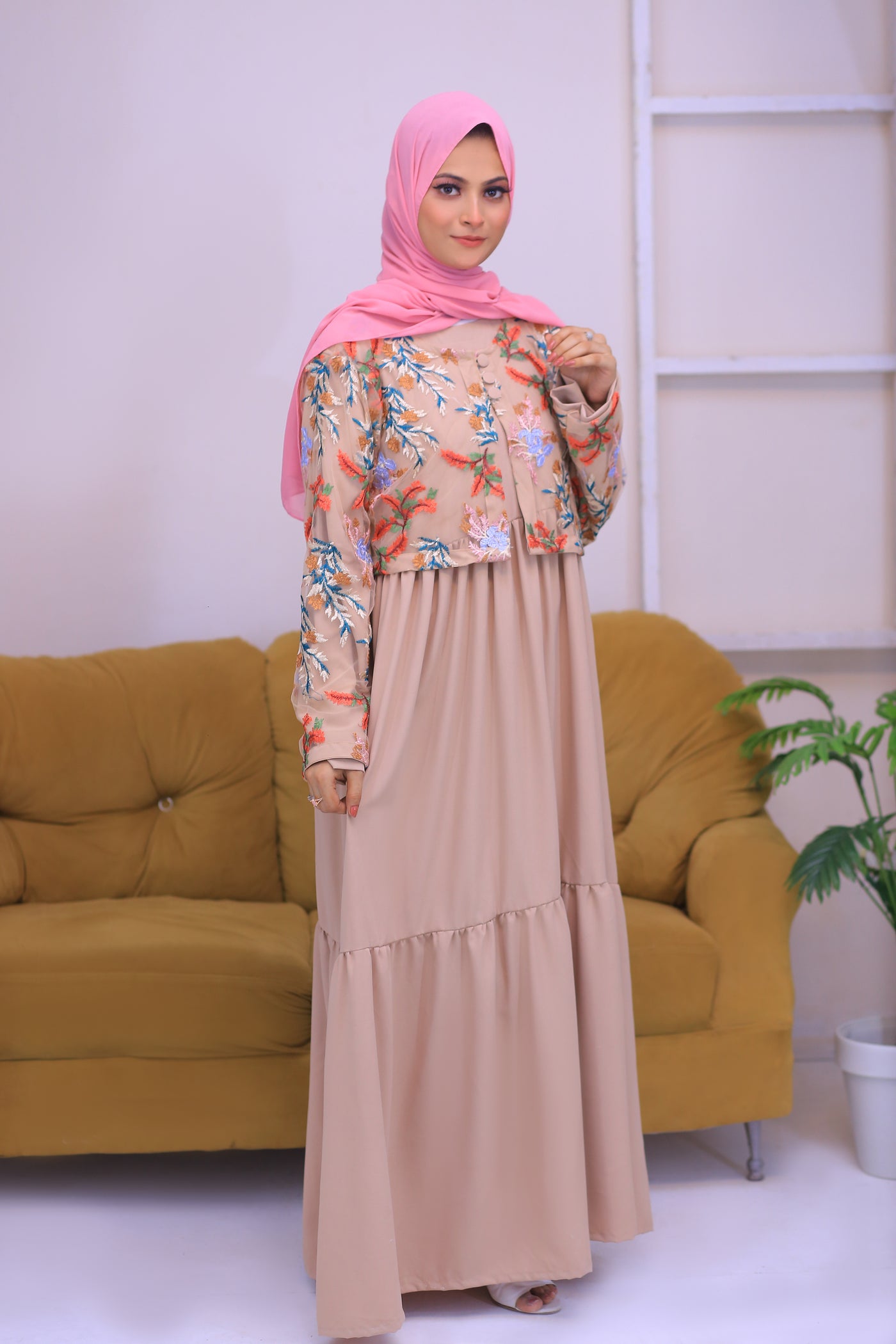 Fawn Nida Fabric Dress Coati Abaya.(Stitch)