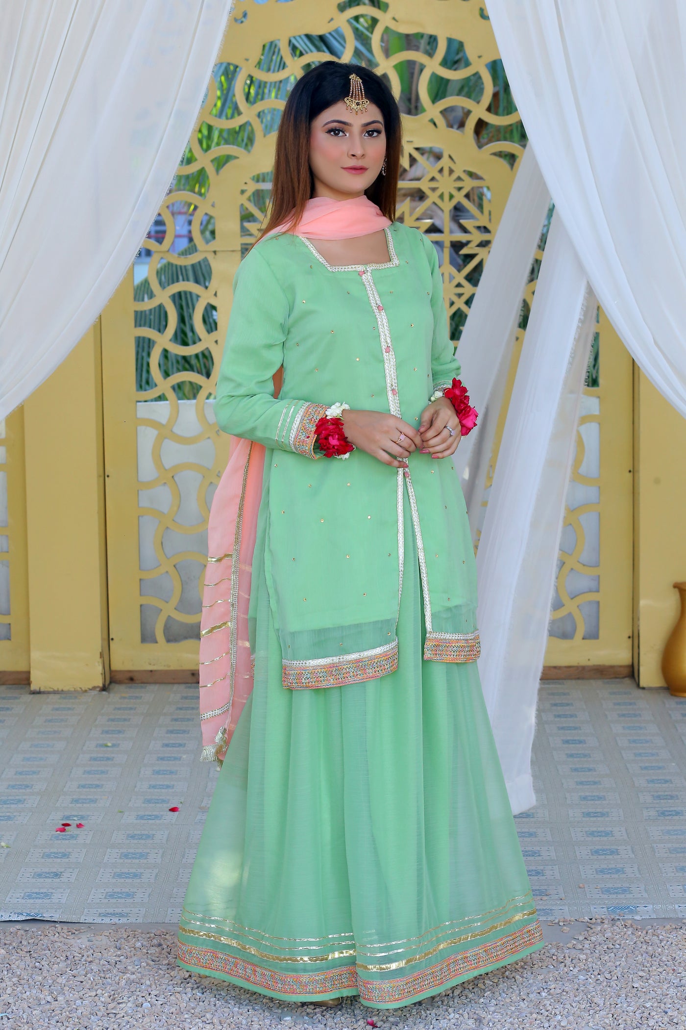 3 piece Pistachio Green Lehenga Suit with Baby Pink Dupatta.(Stitch)