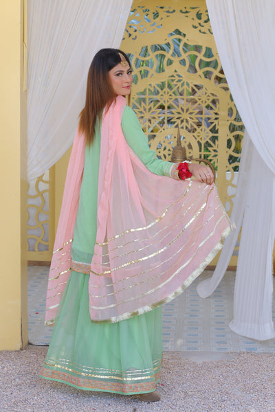 3 piece Pistachio Green Lehenga Suit with Baby Pink Dupatta.(Stitch)