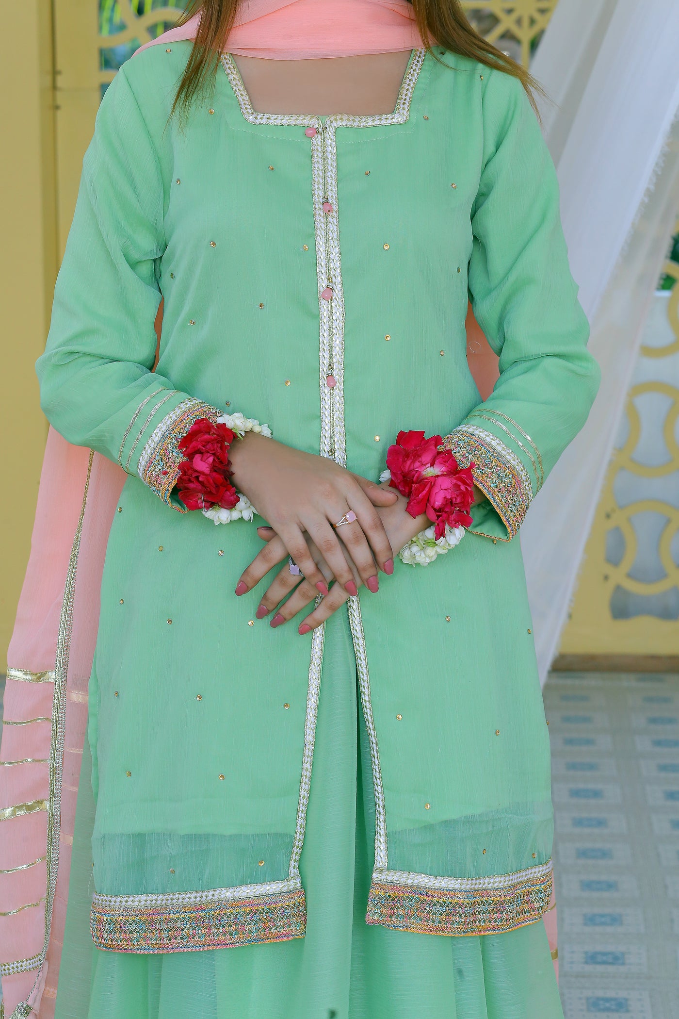 3 piece Pistachio Green Lehenga Suit with Baby Pink Dupatta.(Stitch)