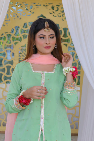 3 piece Pistachio Green Lehenga Suit with Baby Pink Dupatta.(Stitch)