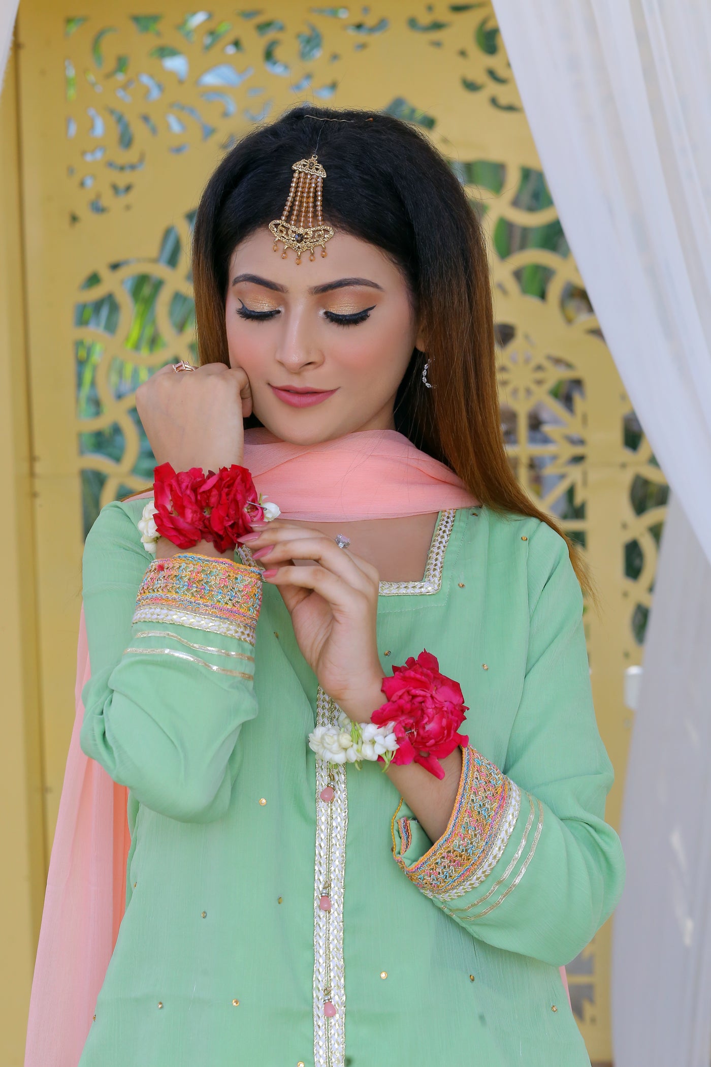 3 piece Pistachio Green Lehenga Suit with Baby Pink Dupatta.(Stitch)