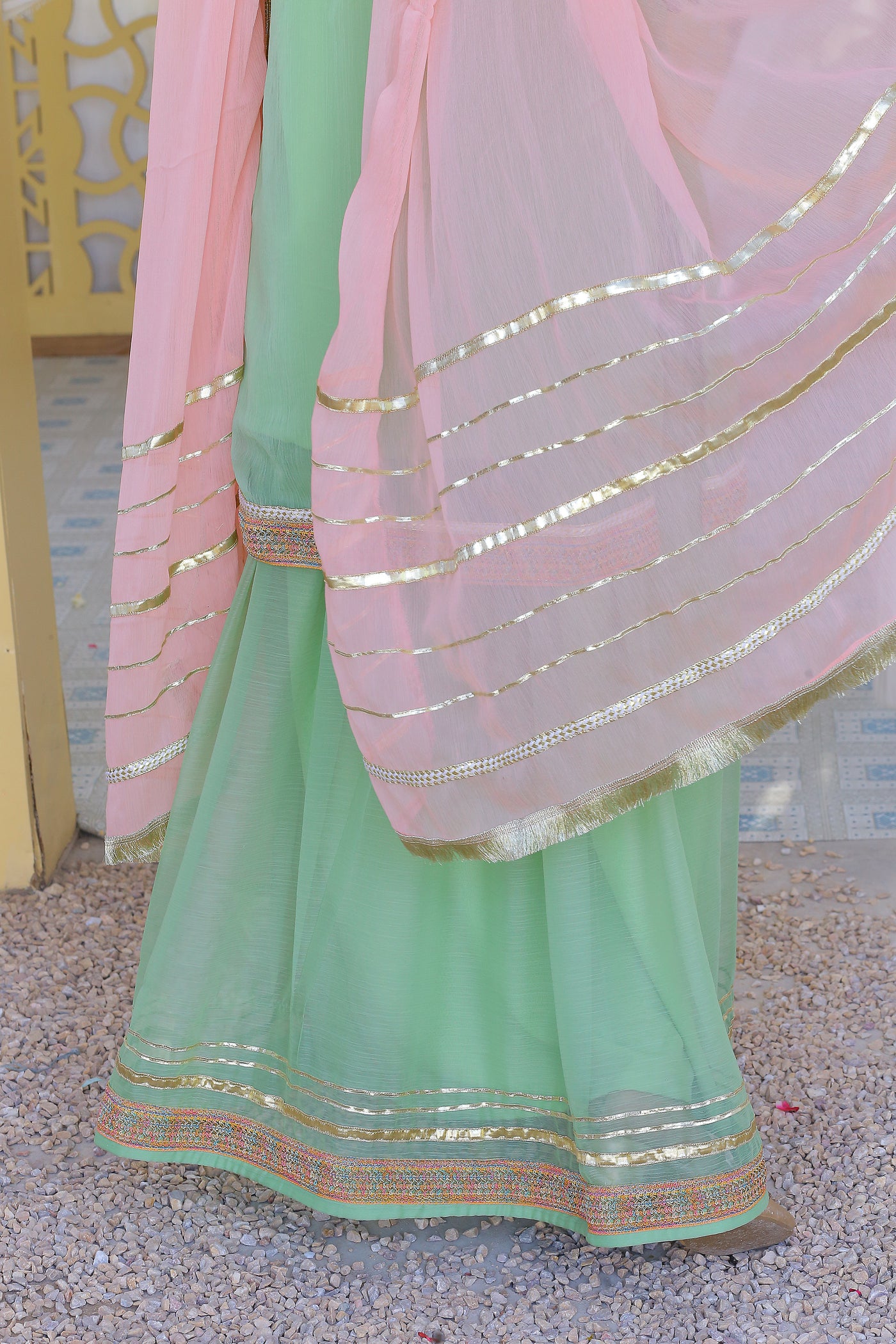 3 piece Pistachio Green Lehenga Suit with Baby Pink Dupatta.(Stitch)