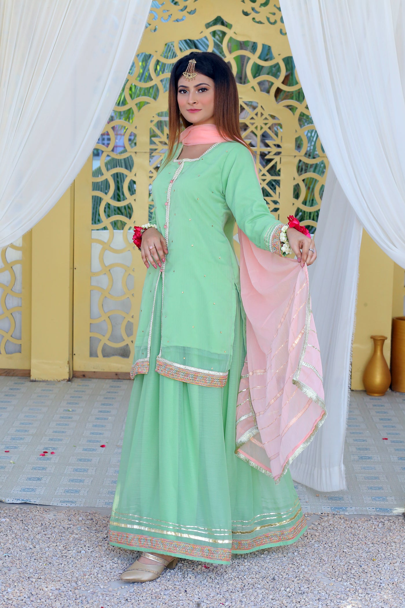 3 piece Pistachio Green Lehenga Suit with Baby Pink Dupatta.(Stitch)